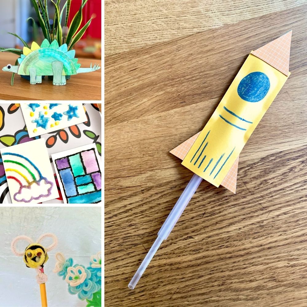 Collage of summer camp theme ideas including dinosaurs, art, nature, and space.
