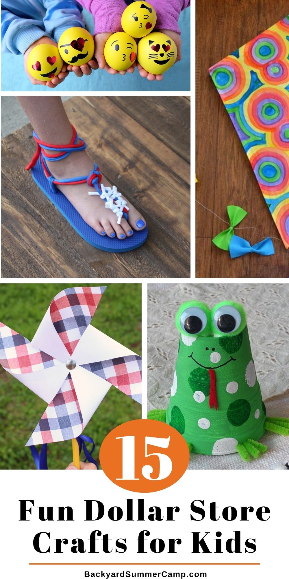 Collage of photos showing emoji stress balls, a flip flop, a paper kite, a pinwheel, and a foam cup from with text overlay "15 fun dollar store crafts for kids."
