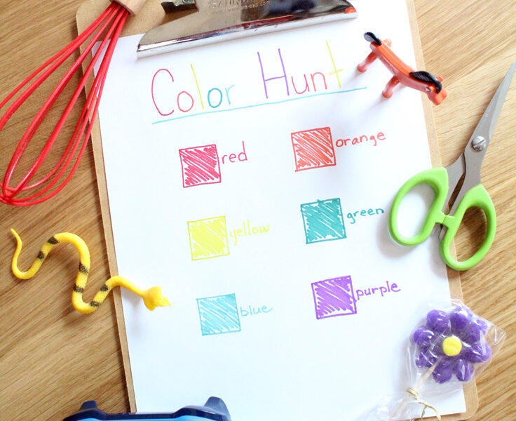 Color hunt list on a clipboard surrounded by colorful household items from Ideas for the Home.