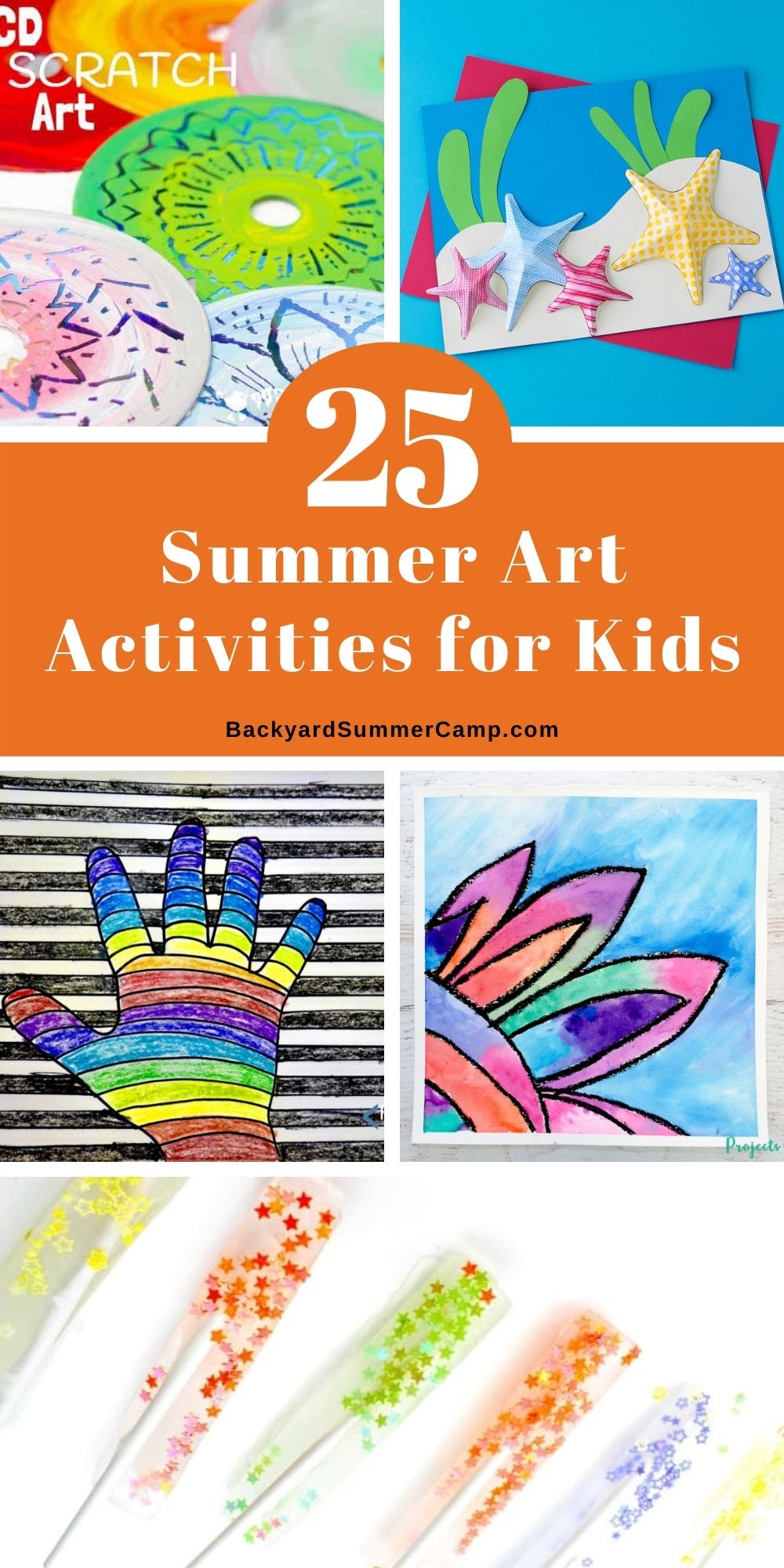 Collage of summer art activities for kids including scratch art, textured stars, hand illusion, resist art, and ice paint sticks.