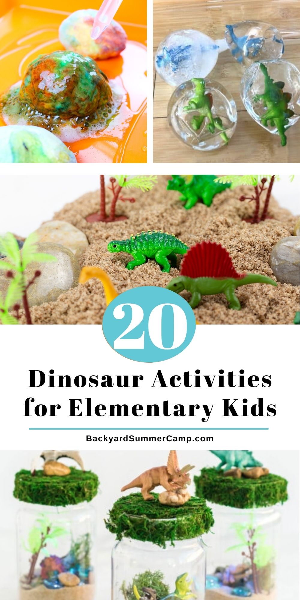 Collage of dinosaur activities for elementary kids including fizzing eggs, ice excavation, a sensory bin, and terrarium night light.