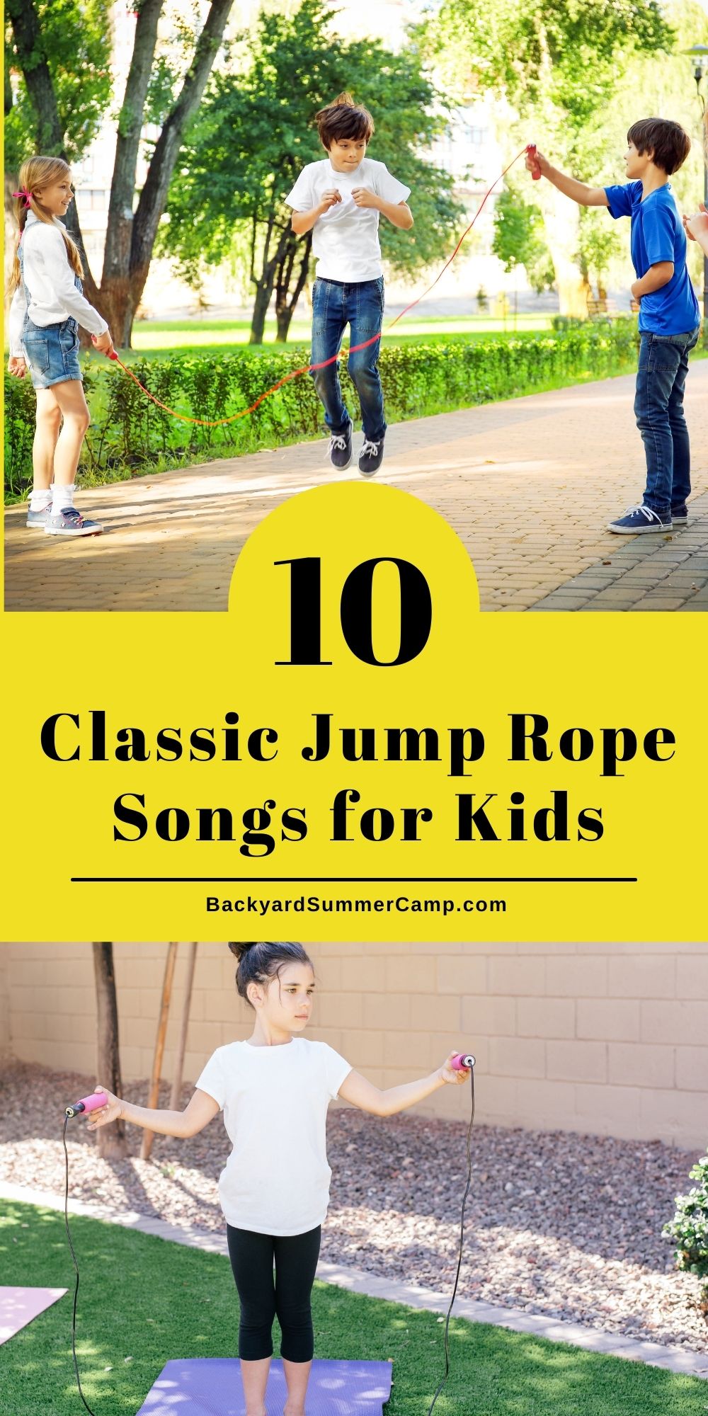 A group of 3 kids jumping rope together and another kid jumping alone with text overlay that reads "10 classic jump rope songs for kids."