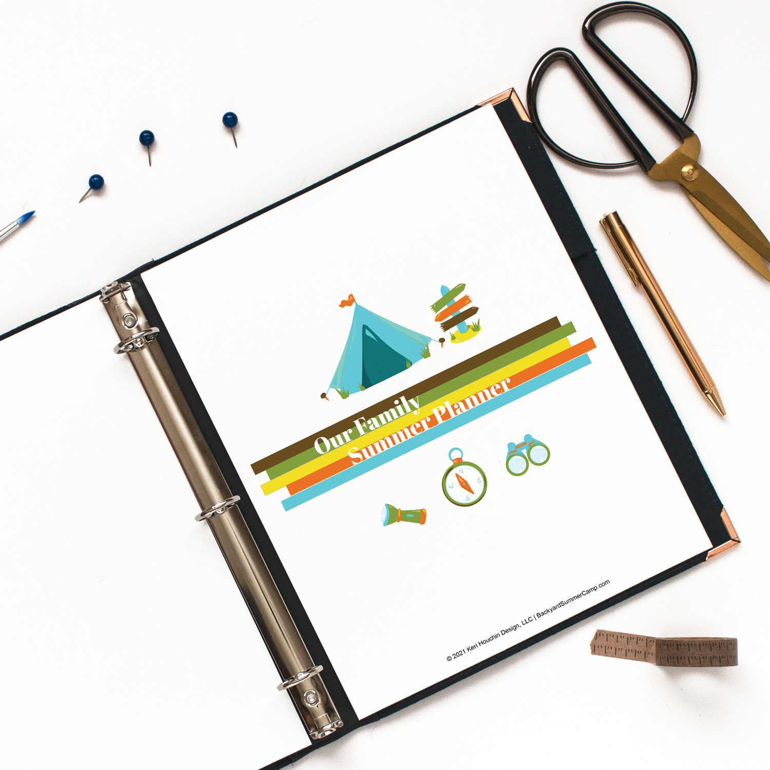 Cover page of the DIY summer camp planner with a tent and camping icons in a 3-ring binder.