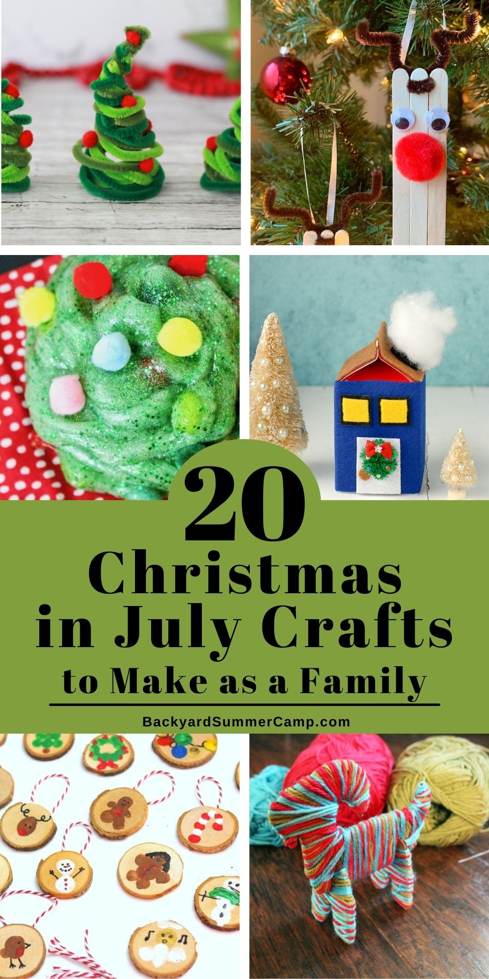 Collage of Christmas in July crafts including pipe cleaner trees, popsicle stick reindeer, slime, a carton house, thumbprint ornaments, and a yarn-wrapped Yule goat.