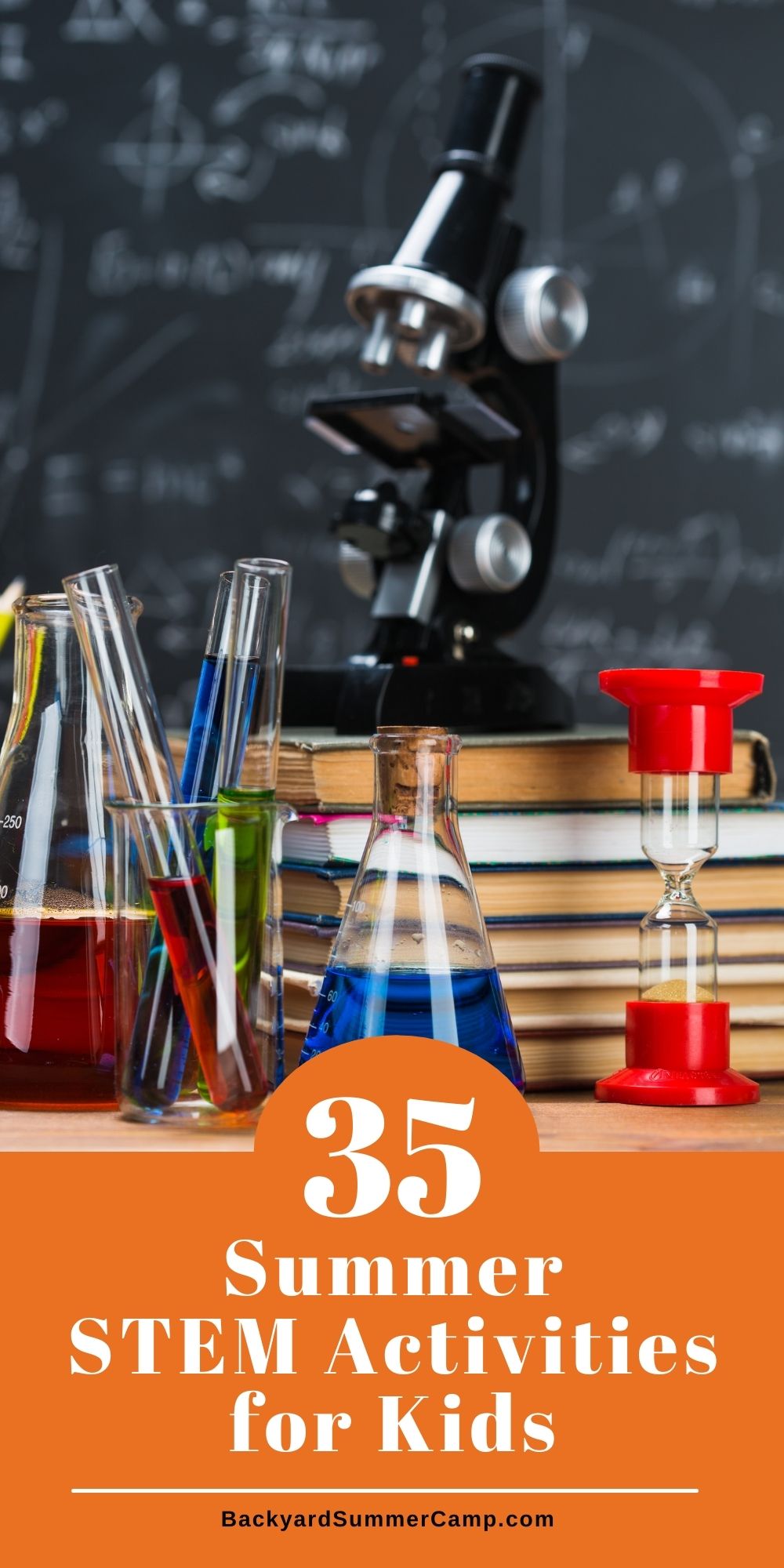 Lab table with books, beakers, and a microscope with text overlay that reads "35 summer STEM activities for kids."