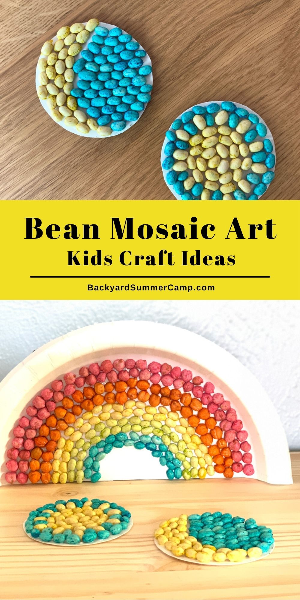 Bean mosaic art rainbow on a paper plate and smaller circles for sun and moon.