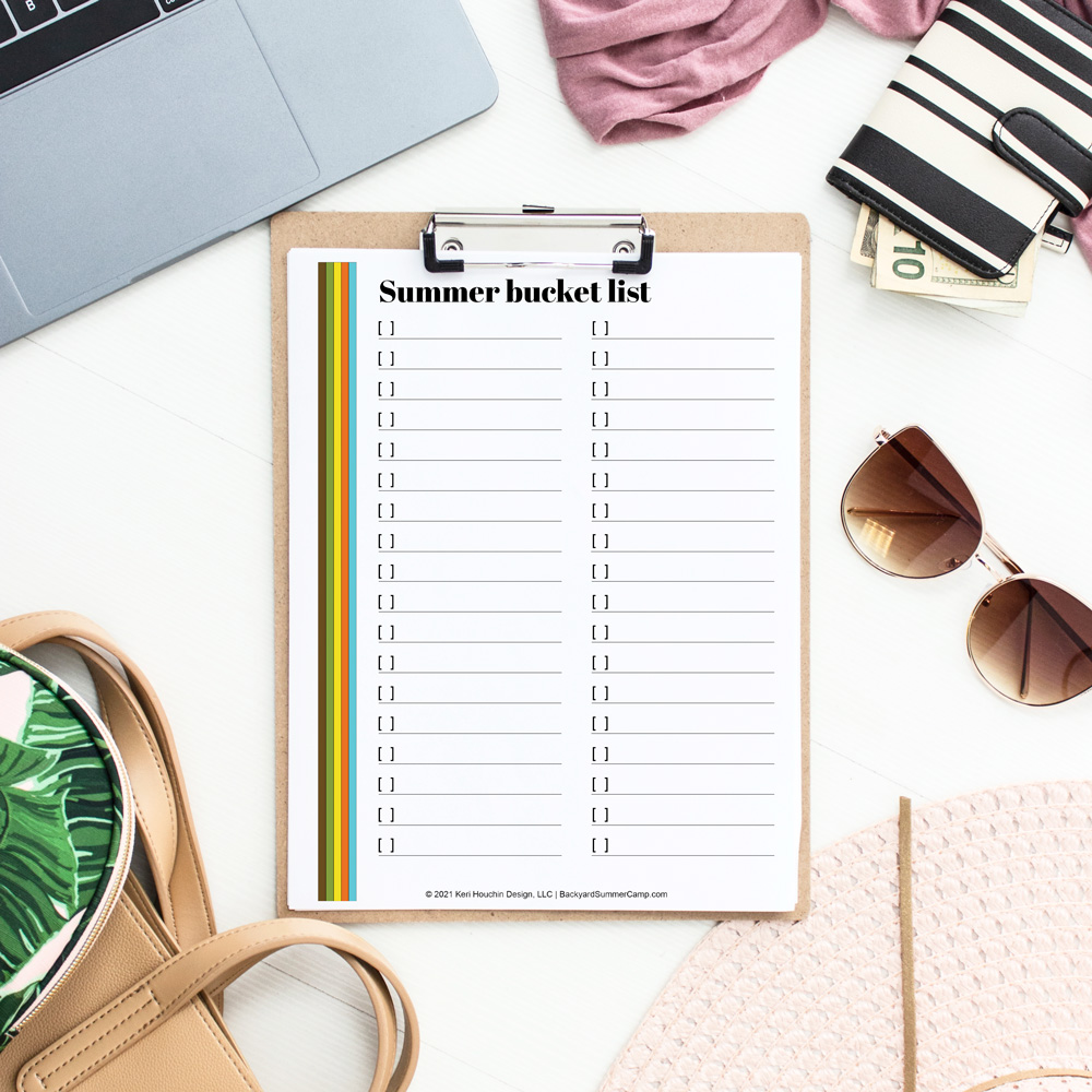 Printed summer bucket list with lines and checkboxes.