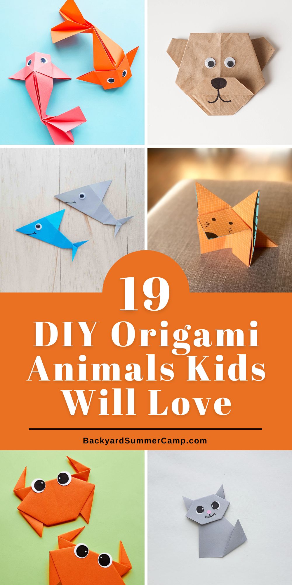 Collage of DIY origami animals including koi fish, a gray cat, a brown bear face, and a fox.