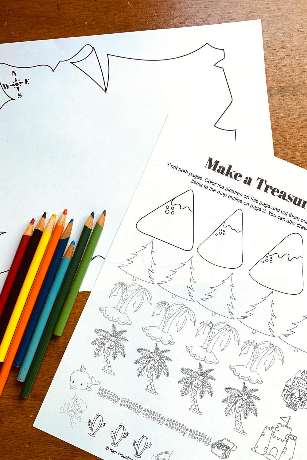 Treasure map activity with a map outline and a page of features to color including mountains, trees, buildings, and creatures.