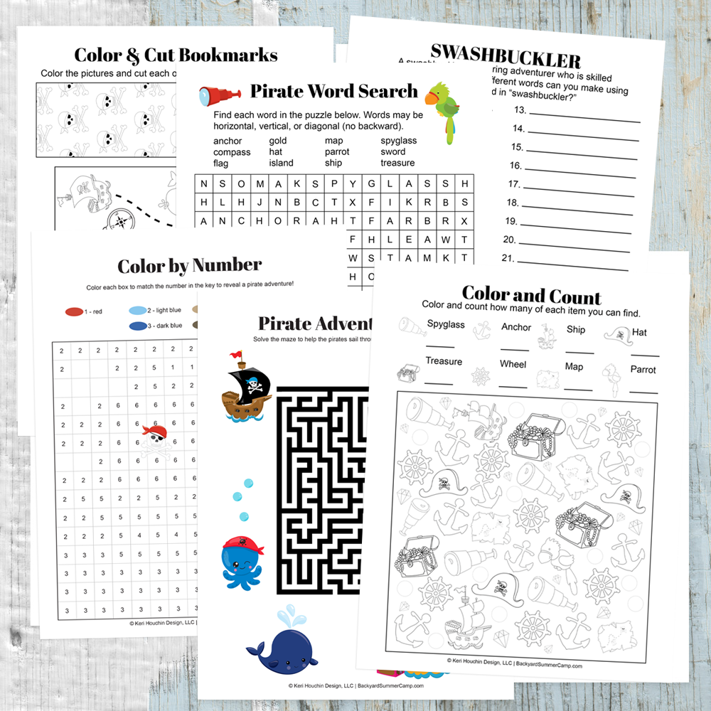 Pirate Activity Bundle preview of six printable pages including coloring bookmarks, a word search, anagram, color by number, maze, and color and count.