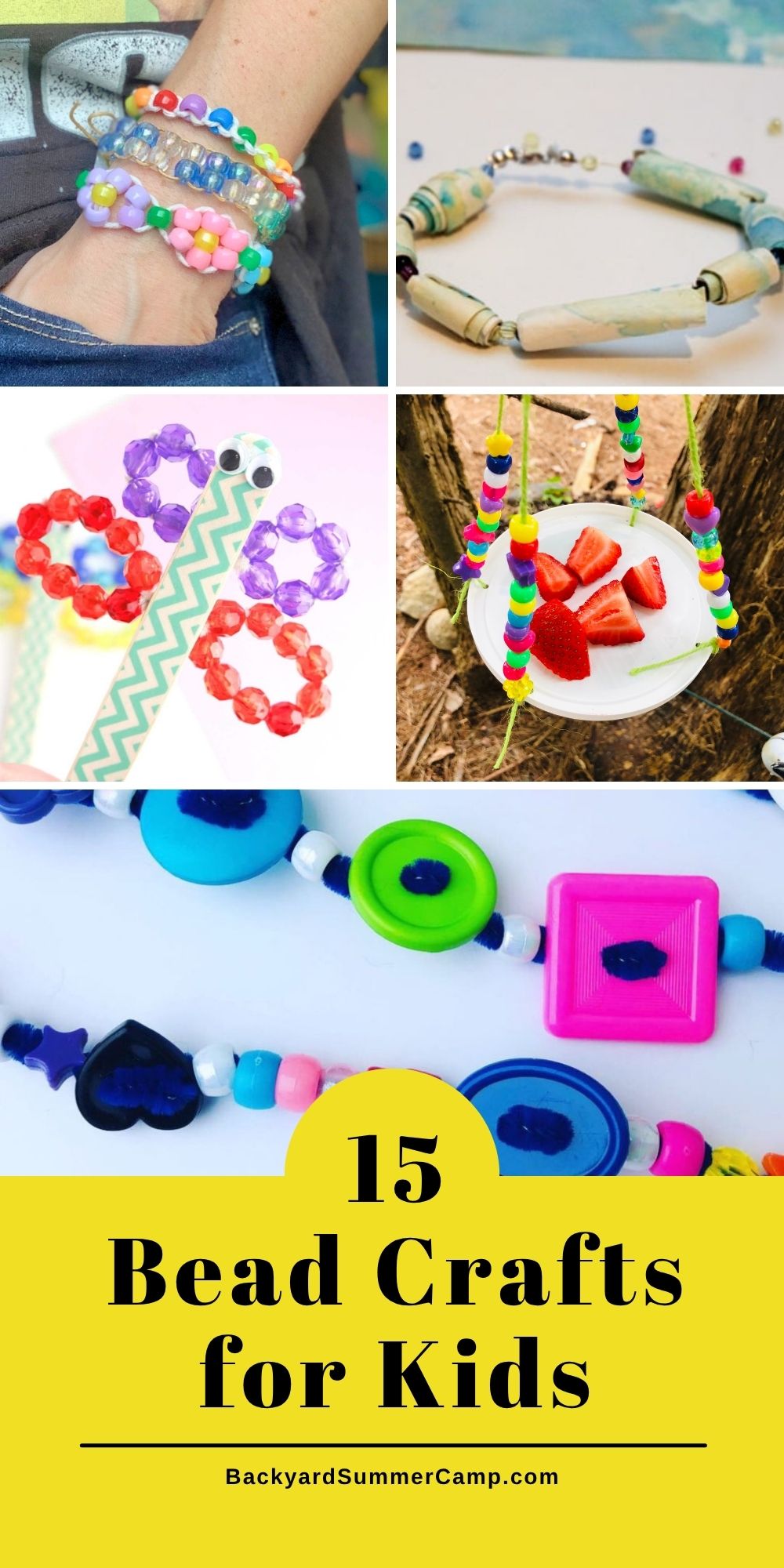Collage of bead crafts including butterfly feeder, paper beads, dragonfly craft, bead and button chain, and friendship bracelets.