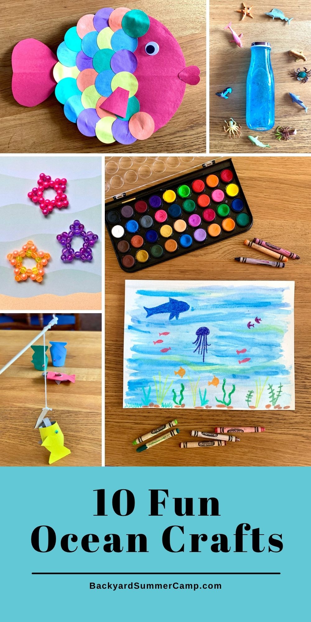 Collage of ocean crafts including a paper fish, ocean in a bottle, bead starfish, fishing pole, and crayon resist art.