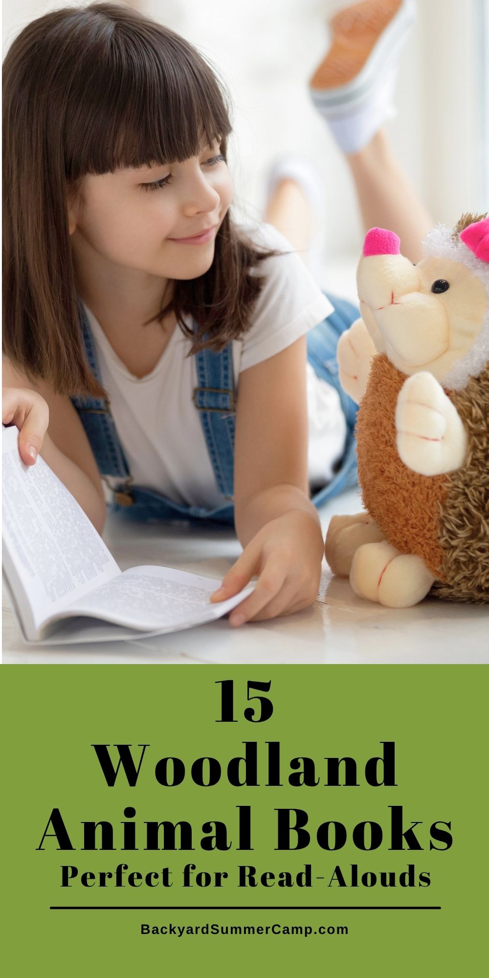 A child reading a chapter book to a plush hedgehog toy with text overlay 12 woodland animal books perfect for read-alouds.