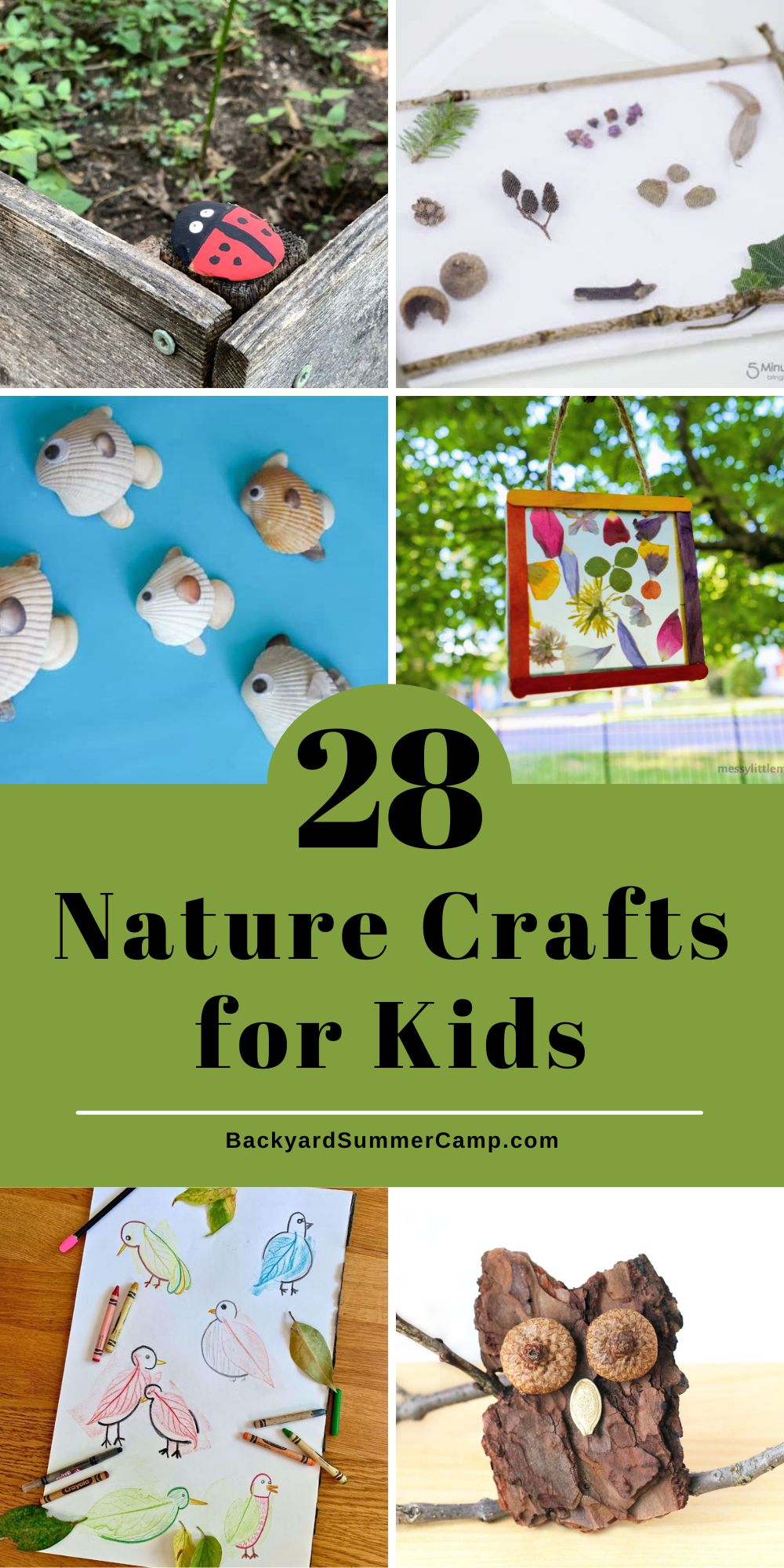 Collage of nature crafts including a ladybug rock, leaf art, fish shells, and wood bark owl.