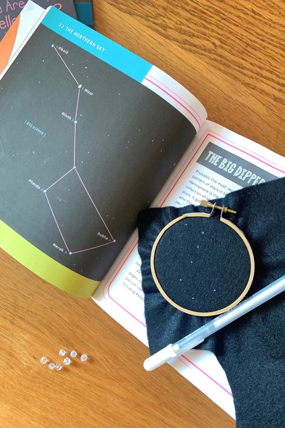 A children's book with a large drawing of the big dipper constellation beside an embroidery hoop with black felt.