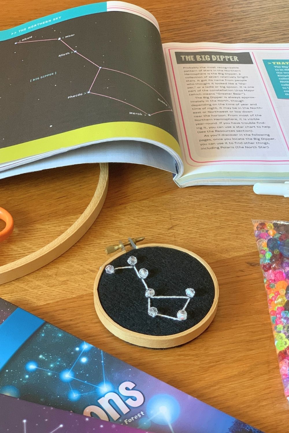 Embroidery of the big dipper in clear beads and white thread beside a book illustrating the constellation.