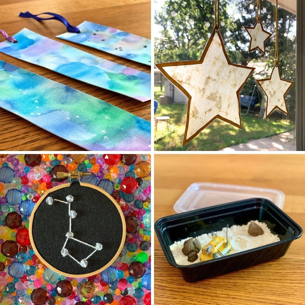 Collage of outer space crafts including galaxy bookmarks, star sun catchers, moon sand sensory bin, and constellation embroidery.