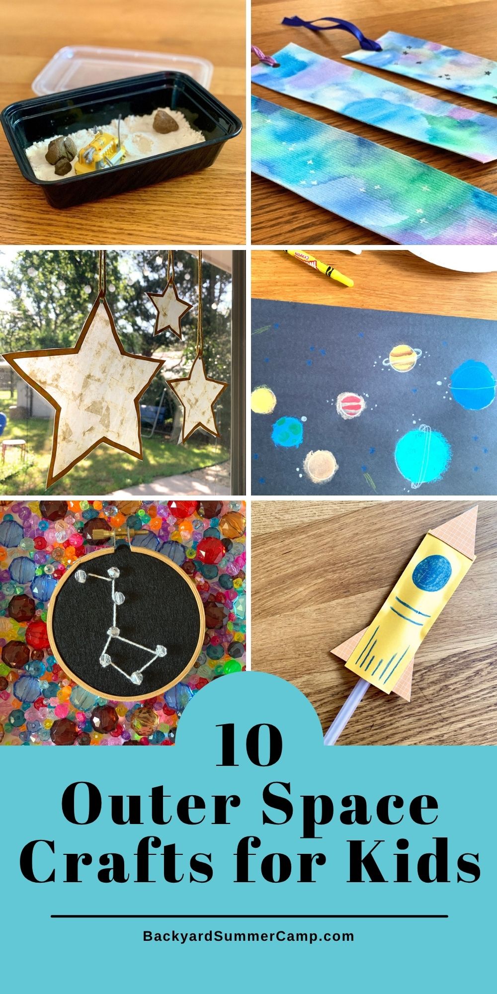 Collage of outer space crafts including galaxy bookmarks, star sun catchers, moon sand sensory bin, and constellation embroidery, a painted solar system, and paper rocket.