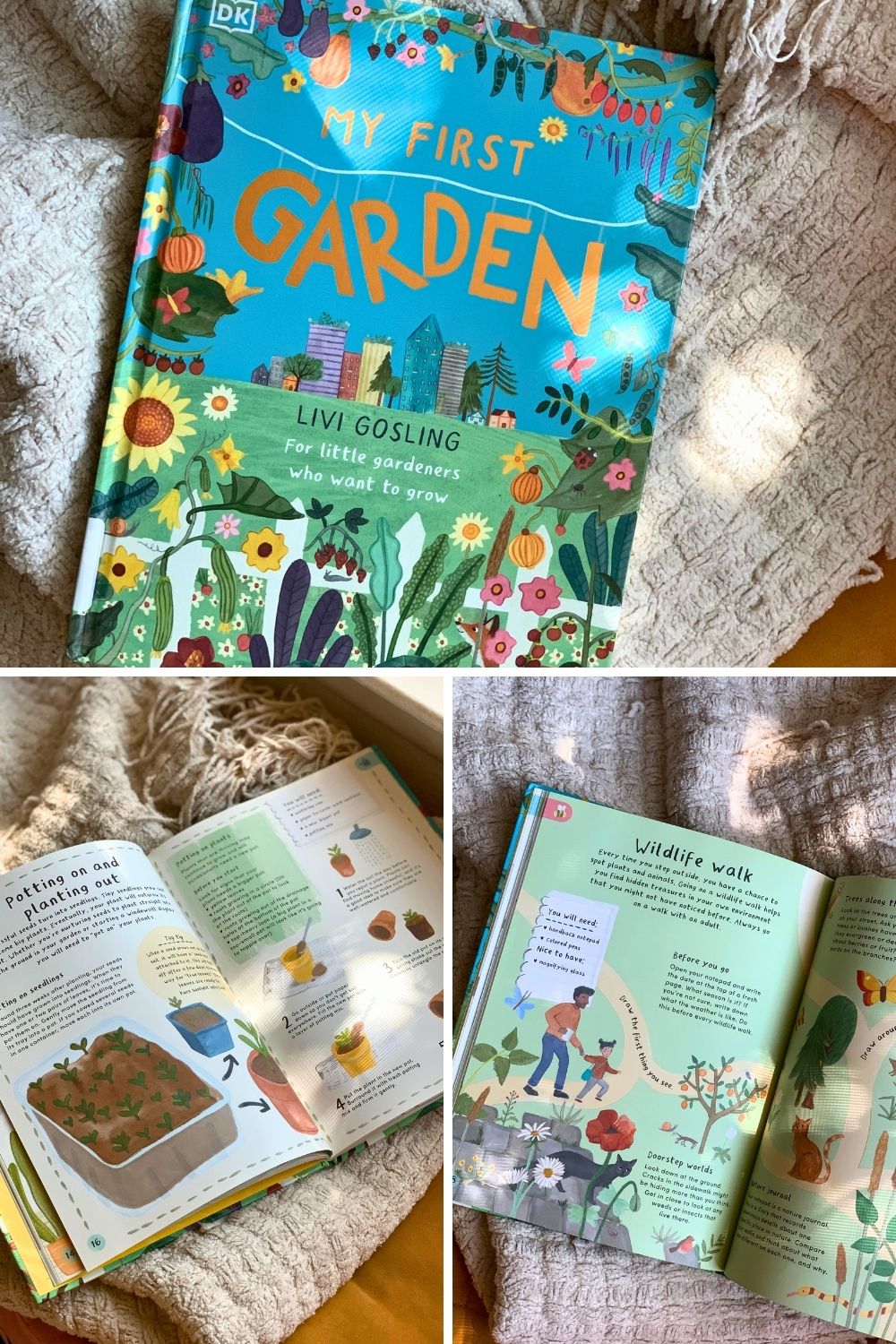 A collage of photos showing the cover and inside pages of the book My First Garden by Livi Gosling.